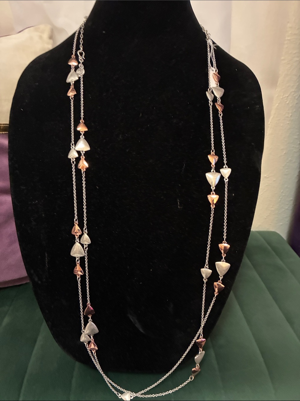 Delicate Two-Tone Heart Drop Long Necklace - Silver & Rose Gold